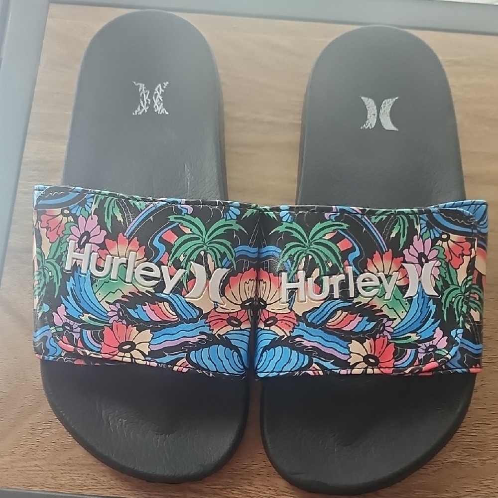 Girls Hurley Black Floral Slide Sandals Sz 5